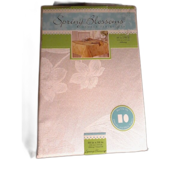 White Tablecloth Spring Blossoms Damask  60”x84” Oblong seats 6-8 sealed pkg new - Picture 1 of 6
